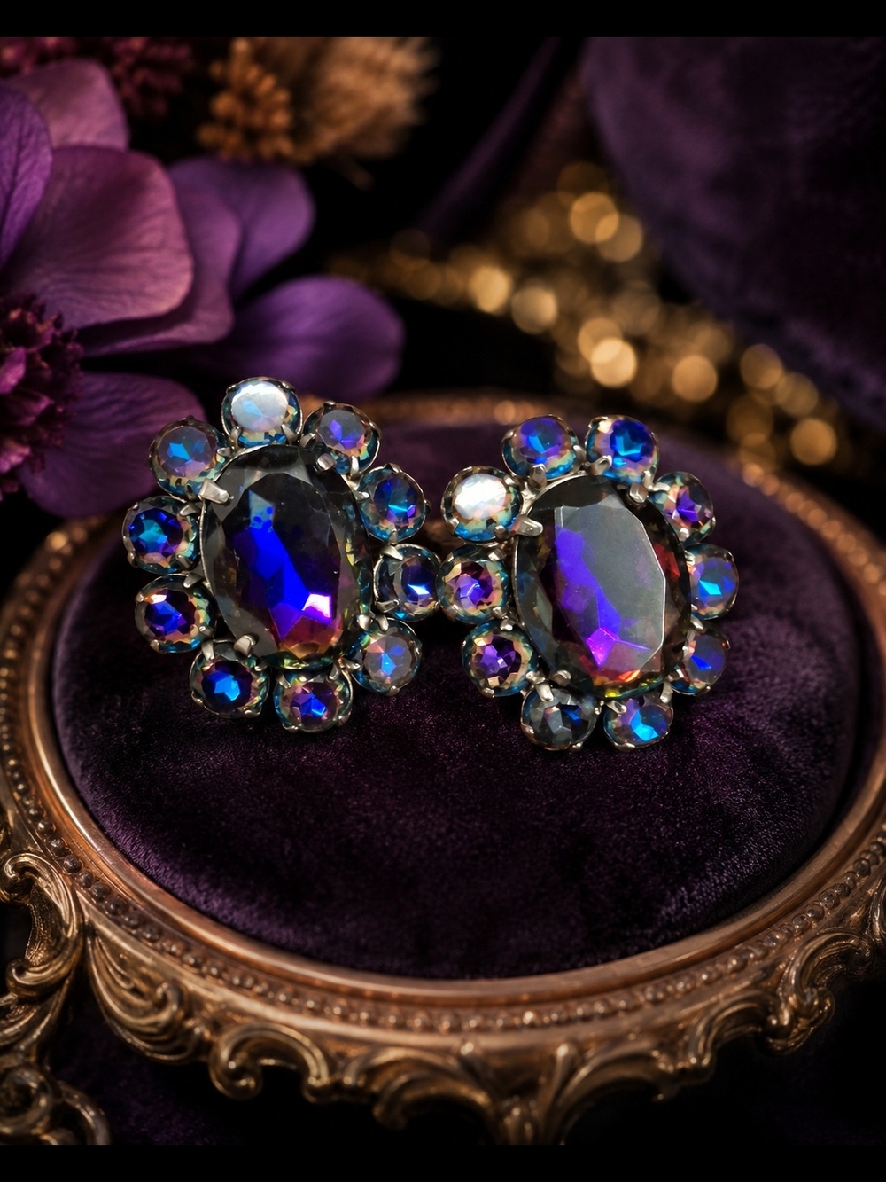 Rare Vintage 1950s Juliana UNSIGNED Aurora Borealis Clip-On Earrings